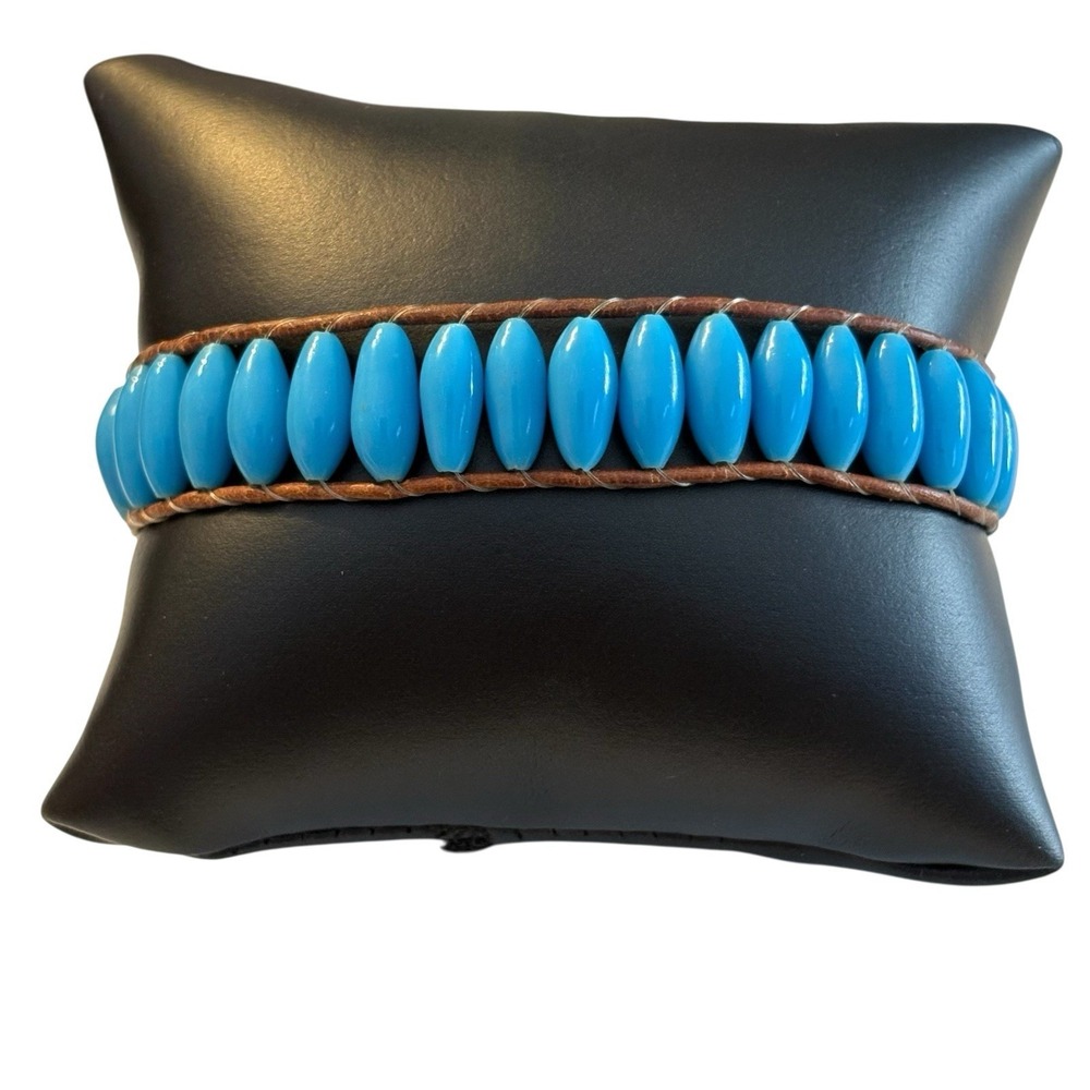 Aqua‎ Blue Tube Bead Bracelet Brown Leather Button Loop Closure Wrap VTG Unisex